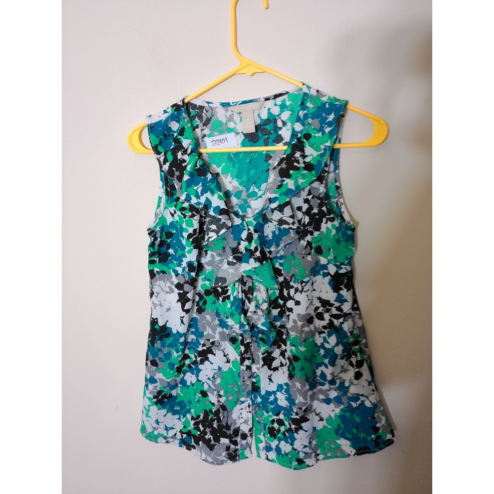Banana Republic Ruffle Blouse Womens M Teal Green Floral Button Front Sleeveless